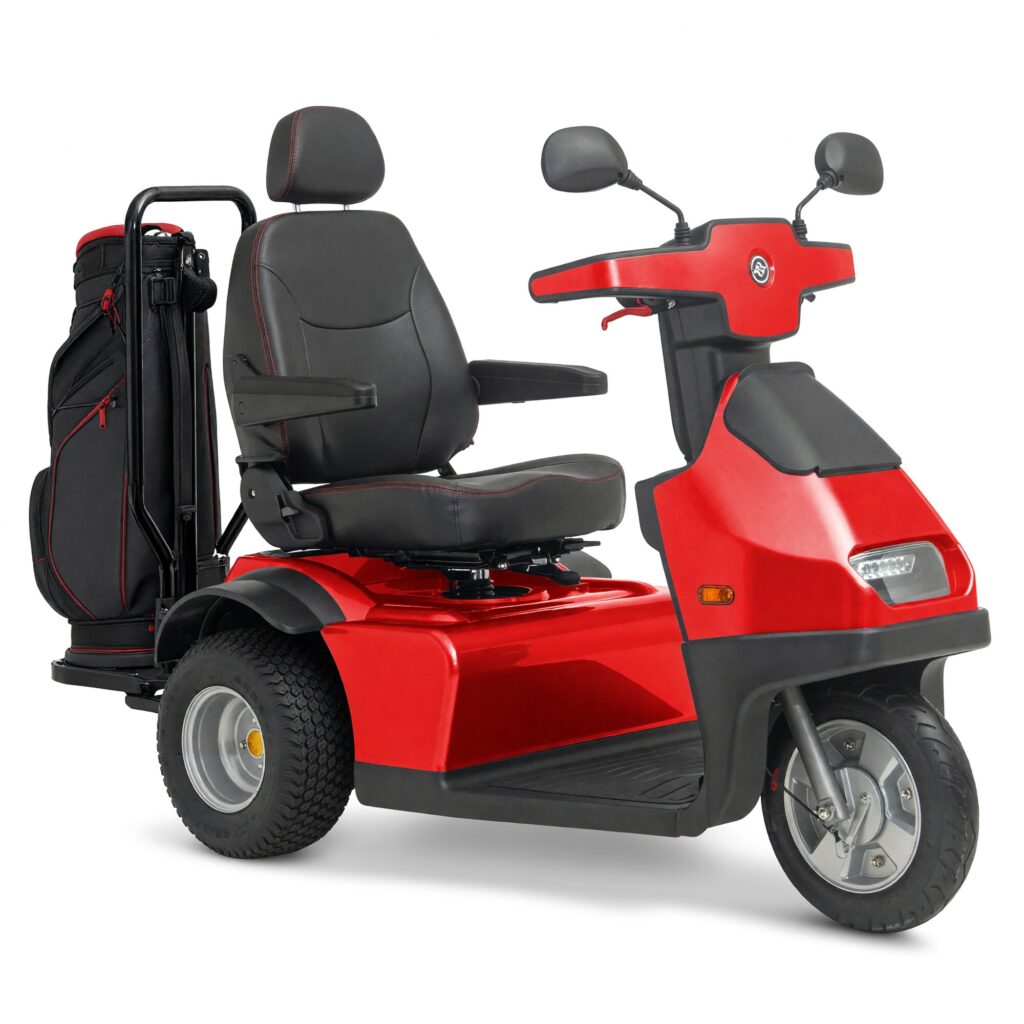 Red Afiscooter S3 2-in-1 three wheel golf cart mobility scooter with extra wide rear golf tires and a golf bag in the rear bag holder, front view