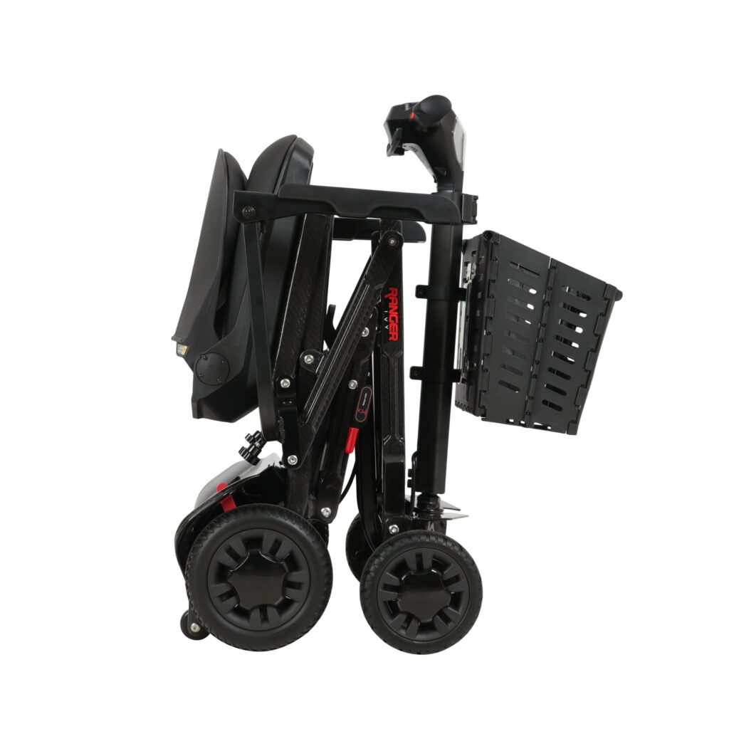 Porto Mobility Ranger Ivy scooter folded with front basket attached, side view