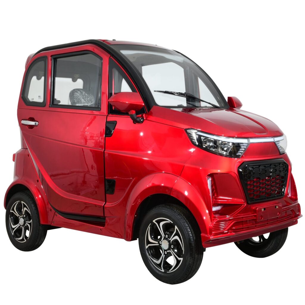 A glossy red Green Transporter Q Express compact electric vehicle, featuring a modern design with black trim, clear windows, and stylish black wheels.