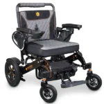 Front view of Bangeran Mammoth electric wheelchair showing seat cushion joystick and footrest
