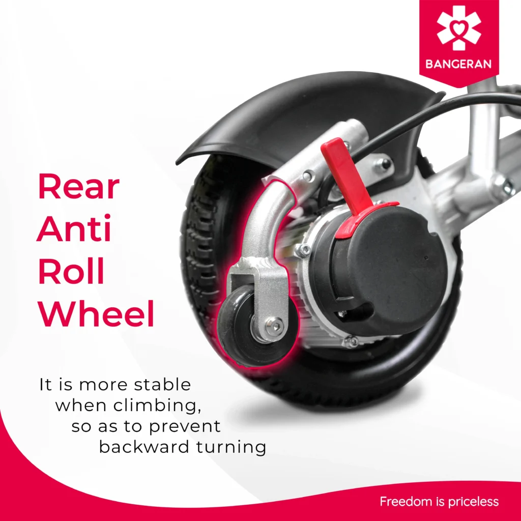 Close up view Bangeran Pegasus rear anti roll wheel showing stability feature for climbing.