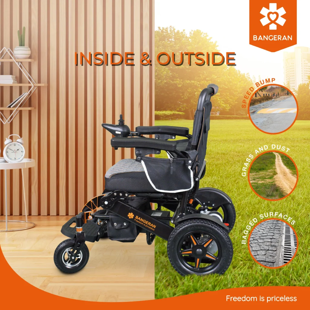 Side view of Bangeran Mammoth wheelchair showing that it can work both indoors and outdoors on grass speed bumps and rough paths.