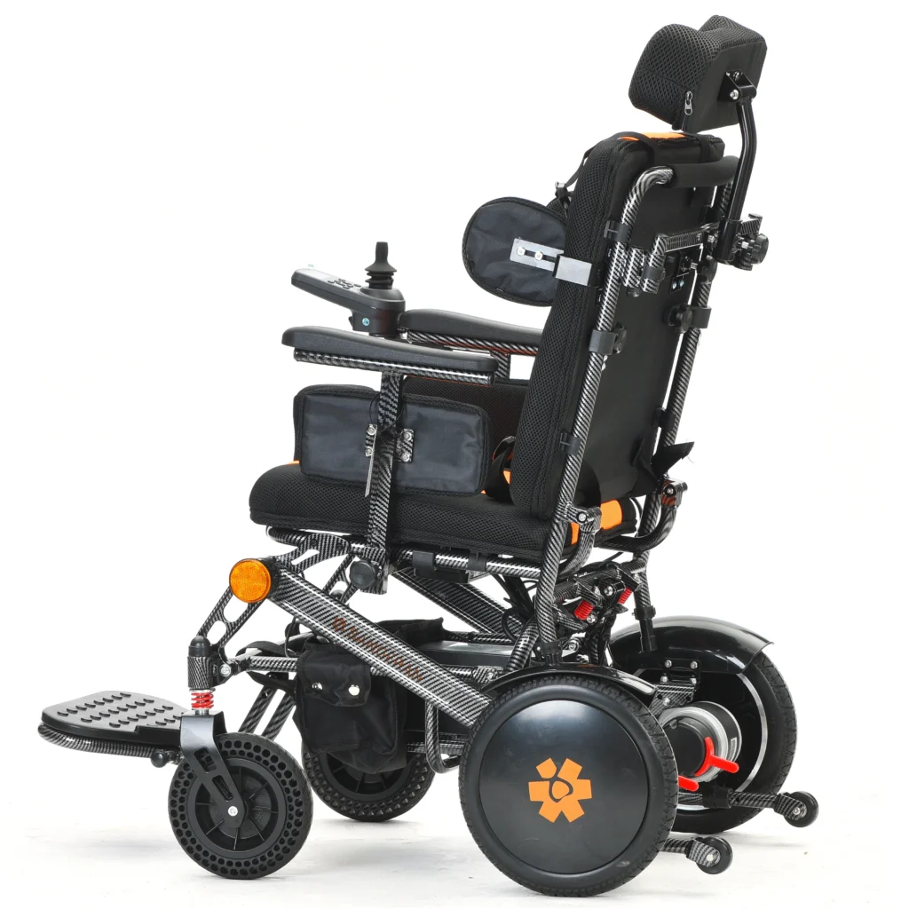 Side view of Bangeran Pegasus Cerebral Palsy electric wheelchair with black and orange seat and carbon fiber frame.