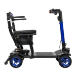 Forcemech Traveler Lightweight Folding Mobility Scooter in blue shown from the side with a padded seat and upright tiller.