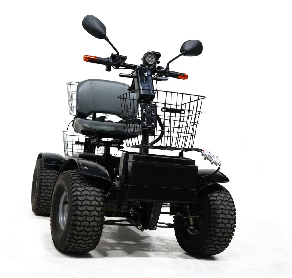 Cheetah Ninja all terrain mobility scooter front view with mirrors and baskets